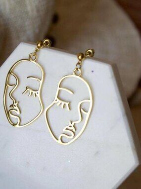 Abstract Face Earrings, Gold Stainless Steel Modern Art Hoops